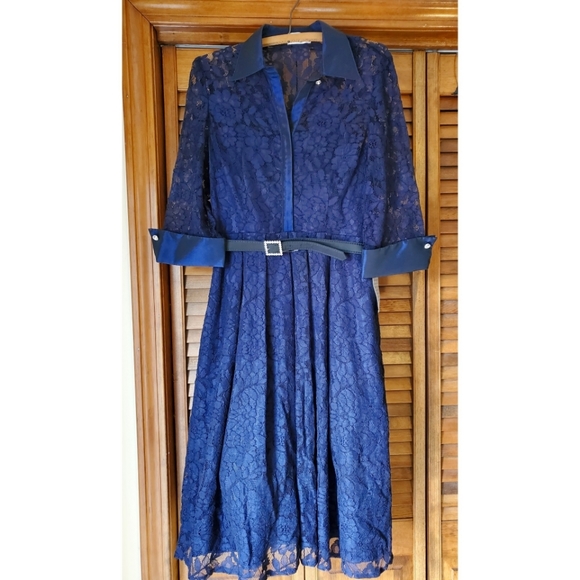 NWT Eliza J midi Navy lace collared sleeved formal cocktail dress Size 10 petite - Picture 1 of 5